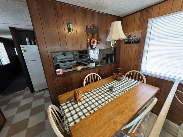 5859 N Utter Rd, Irons, MI 49644 - dining room featuring tile patterned floors, a textured ceiling, and wood walls