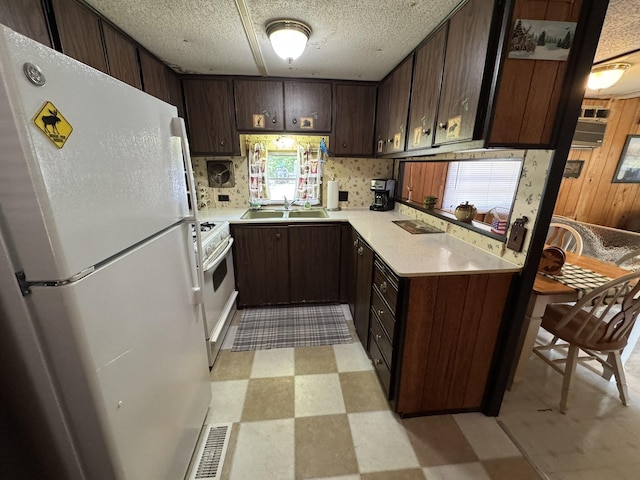 5859 N Utter Rd, Irons, MI 49644 - kitchen with white appliances, light flooring, light countertops, dark brown cabinets, and a textured ceiling
