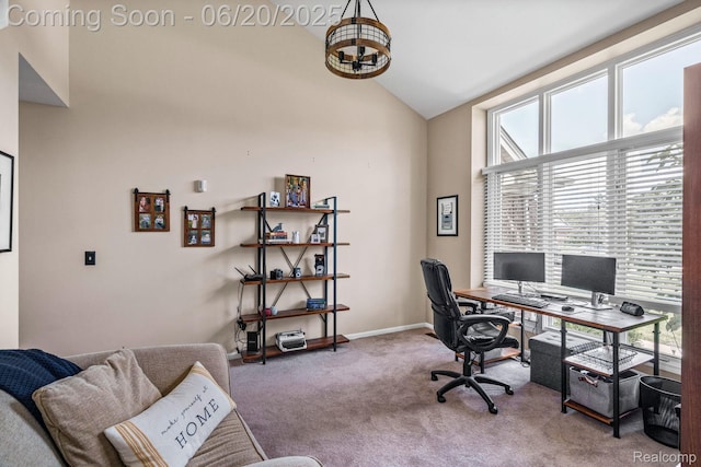 4096 Villager Dr, Lake Orion, MI 48359 - carpeted office space with lofted ceiling and a chandelier