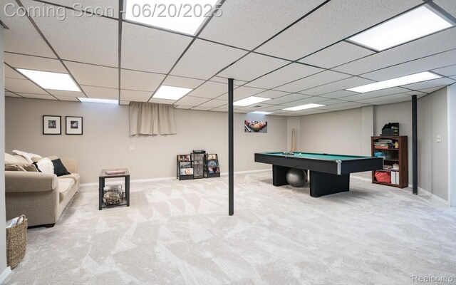4096 Villager Dr, Lake Orion, MI 48359 - rec room featuring carpet floors, pool table, and a paneled ceiling
