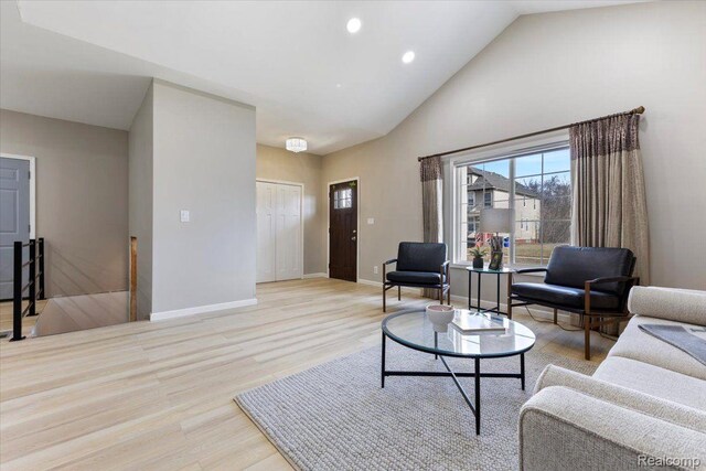 2553 Marlborough St, Detroit, MI 48215 - living room featuring recessed lighting, light wood-style flooring, and high vaulted ceiling
