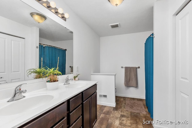 6561 Van Dam Ave, Hudsonville, MI 49426 - bathroom featuring double vanity, wood finished floors, and a shower with shower curtain