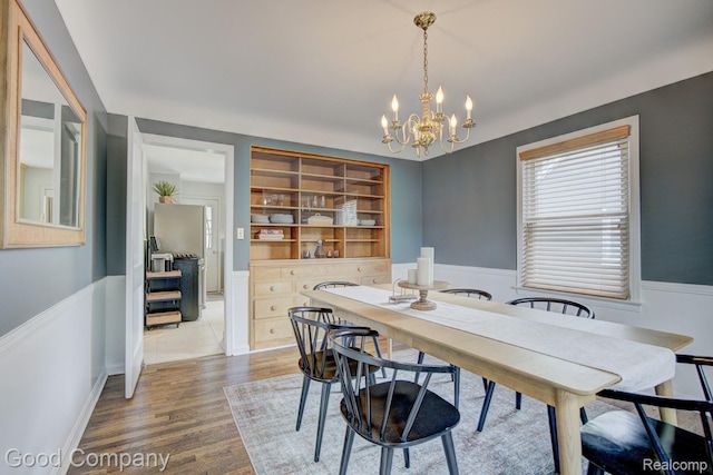 1012 W 12 Mile Rd, Royal Oak, MI 48073 - dining space with a chandelier, wood finished floors, and a wainscoted wall