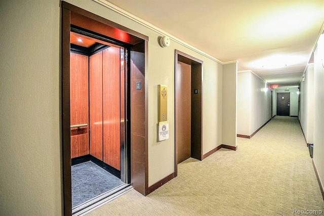 1050 Wall St Unit 2E, Ann Arbor, MI 48105 - hallway with elevator, light colored carpet, and crown molding
