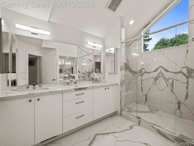6420 Apple Grove Ln, Bloomfield Hills, MI 48301 - bathroom featuring marble tiled floors, double vanity, a marble finish shower, vaulted ceiling, and recessed lighting