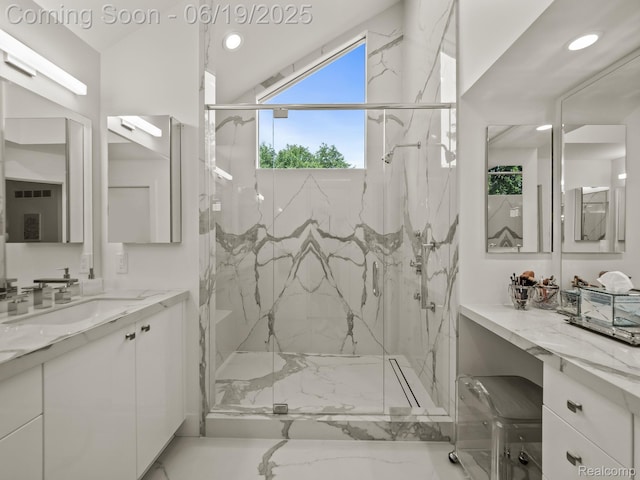 6420 Apple Grove Ln, Bloomfield Hills, MI 48301 - bathroom featuring a marble finish shower, vanity, marble finish floors, and recessed lighting