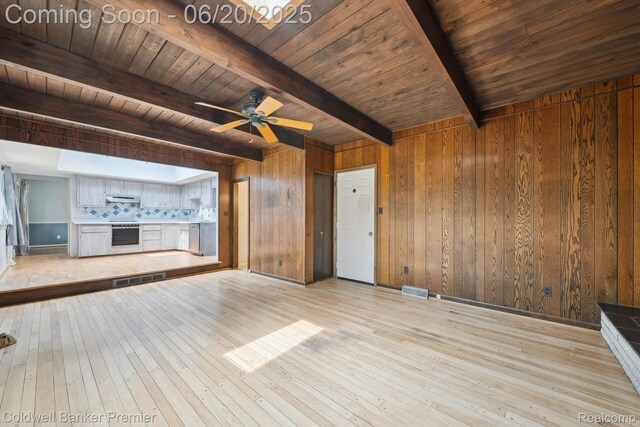 8077 Casa Mia Dr, White Lake, MI 48386 - unfurnished living room featuring light wood finished floors, wood walls, a ceiling fan, and a wood ceiling with exposed beams