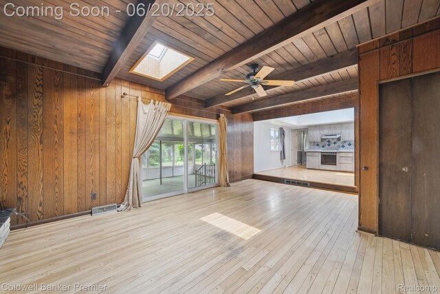 8077 Casa Mia Dr, White Lake, MI 48386 - unfurnished living room with a skylight, wooden walls, hardwood / wood-style floors, a wooden ceiling with exposed beams, and a ceiling fan