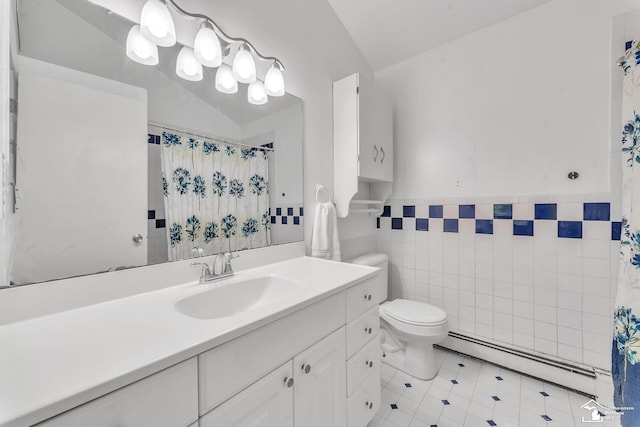 234 Crampton Dr, Monroe, MI 48162 - full bathroom featuring a baseboard heating unit, tile walls, vanity, a shower with shower curtain, and tile patterned flooring