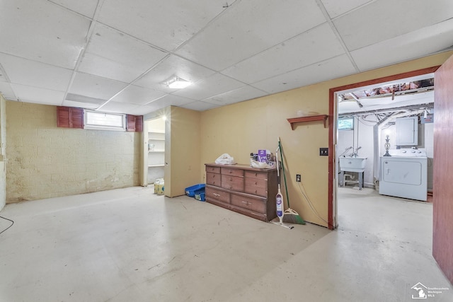 234 Crampton Dr, Monroe, MI 48162 - below grade area with washer / clothes dryer, a paneled ceiling, concrete block wall, and electric panel