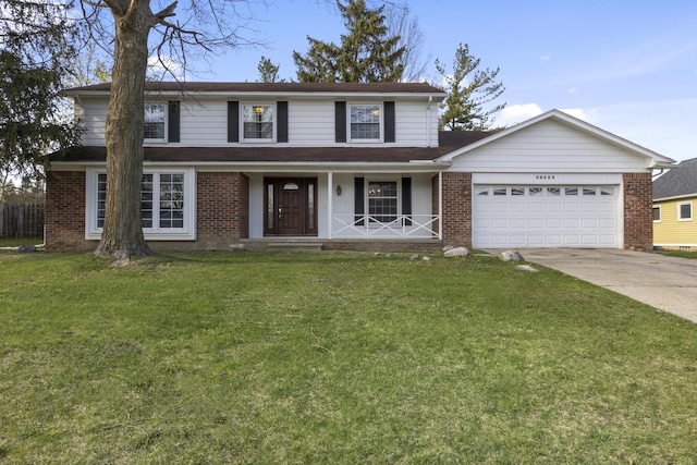 36254 Congress Rd, Farmington Hills, MI 48335 - traditional-style home with brick siding, an attached garage, covered porch, and concrete driveway
