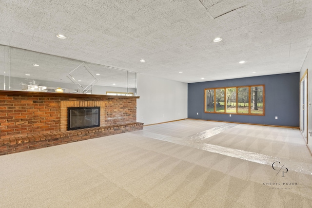 36254 Congress Rd, Farmington Hills, MI 48335 - unfurnished living room featuring carpet flooring, a brick fireplace, and recessed lighting