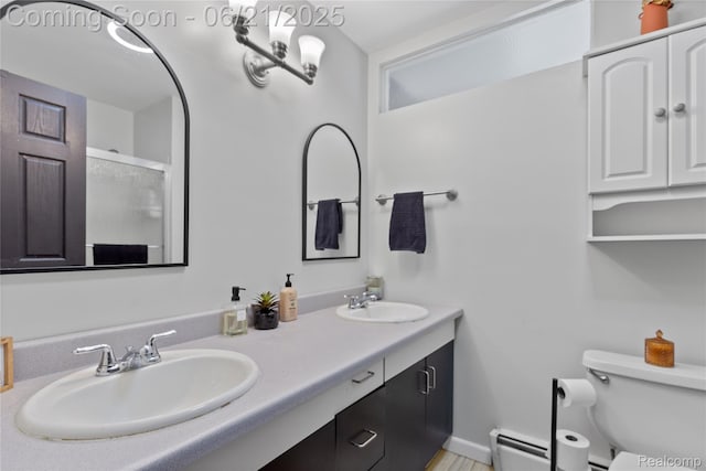 527 Tanview Dr, Oxford, MI 48371 - full bathroom with double vanity, baseboard heating, and a shower with shower door