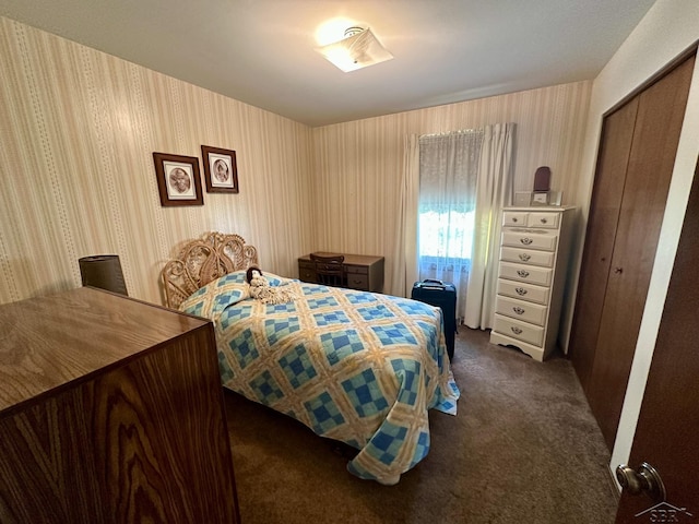 5697 Dunrovin Dr, Saginaw, MI 48638 - bedroom with dark carpet and wallpapered walls