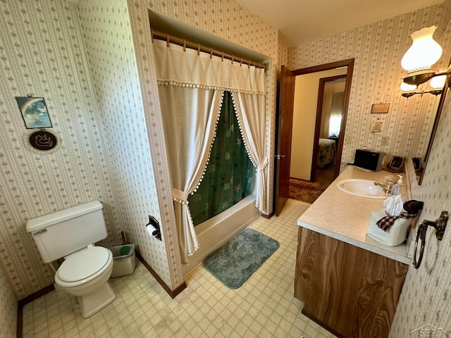 5697 Dunrovin Dr, Saginaw, MI 48638 - bathroom featuring vanity, wallpapered walls, tile patterned floors, and shower / bathtub combination with curtain