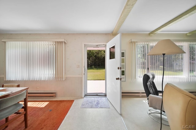 9760 Lime Lake Rd, Hudson, MI 49247 - foyer featuring a baseboard radiator, wainscoting, and beamed ceiling