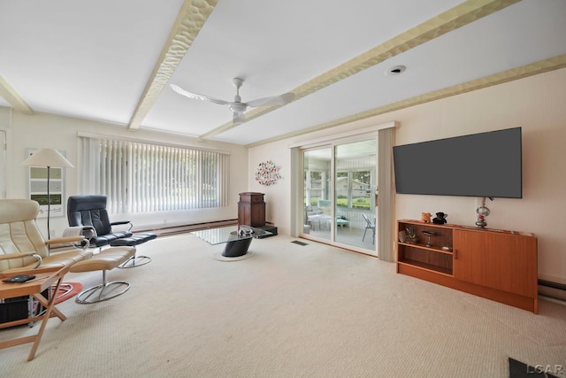 9760 Lime Lake Rd, Hudson, MI 49247 - living room with beam ceiling, carpet flooring, and a ceiling fan