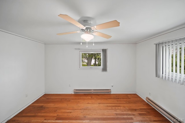 9760 Lime Lake Rd, Hudson, MI 49247 - spare room featuring a baseboard radiator, a baseboard heating unit, a ceiling fan, and wood finished floors