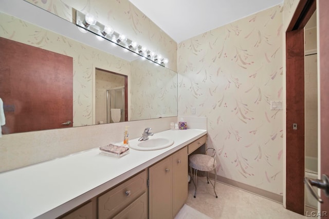 9760 Lime Lake Rd, Hudson, MI 49247 - full bathroom featuring vanity, wallpapered walls, and an enclosed shower