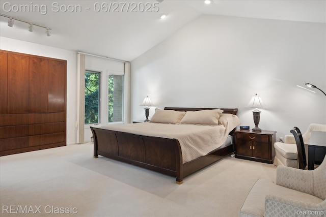 35606 Huntsman Ct, Farmington Hills, MI 48331 - bedroom featuring light carpet, lofted ceiling, and recessed lighting