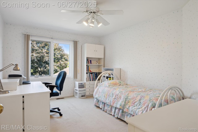 35606 Huntsman Ct, Farmington Hills, MI 48331 - bedroom with a desk, light colored carpet, ceiling fan, and wallpapered walls