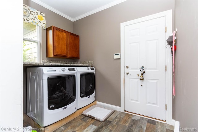 23640 Woodside Ct, South Lyon, MI 48178 - washroom with separate washer and dryer, wood finished floors, cabinet space, and ornamental molding