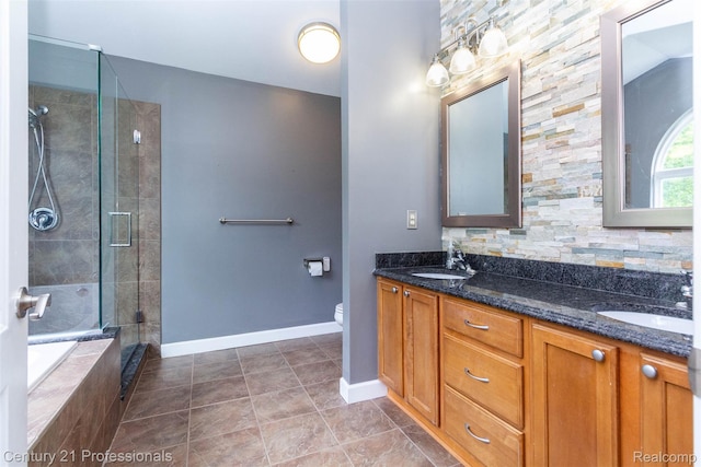 23640 Woodside Ct, South Lyon, MI 48178 - full bathroom with double vanity, a shower stall, a bath, backsplash, and tile patterned floors