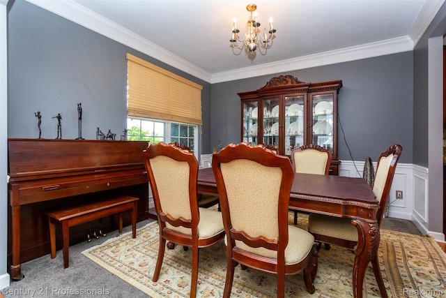 23640 Woodside Ct, South Lyon, MI 48178 - carpeted dining space with a chandelier, crown molding, and wainscoting