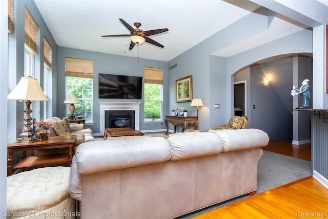 23640 Woodside Ct, South Lyon, MI 48178 - living area featuring ceiling fan, a glass covered fireplace, wood finished floors, and arched walkways