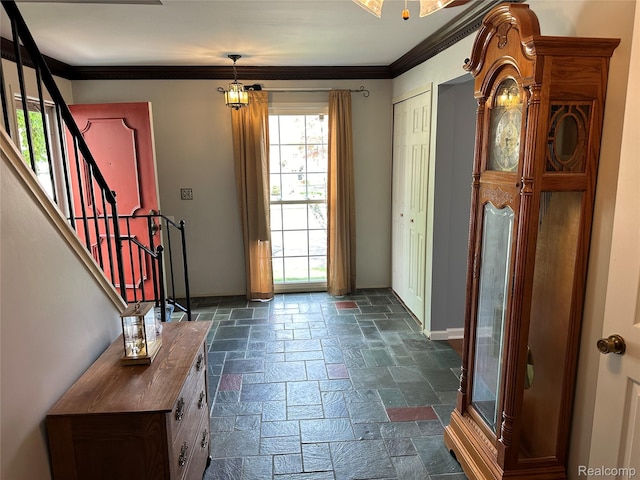 1437 Lantern Ln, Rochester Hills, MI 48306 - foyer featuring stone tile flooring, crown molding, and stairway