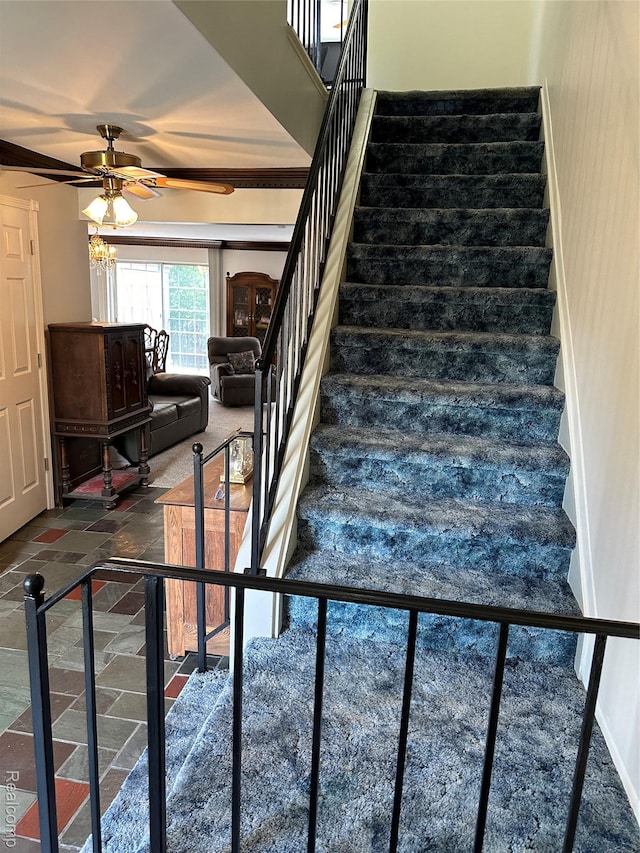 1437 Lantern Ln, Rochester Hills, MI 48306 - stairway featuring ceiling fan and stone finish flooring