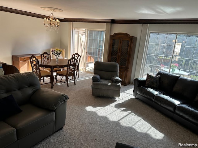 1437 Lantern Ln, Rochester Hills, MI 48306 - living room with light colored carpet, a chandelier, ornamental molding, and healthy amount of natural light