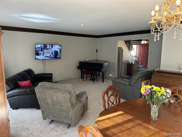 1437 Lantern Ln, Rochester Hills, MI 48306 - carpeted living room featuring ornamental molding and a chandelier