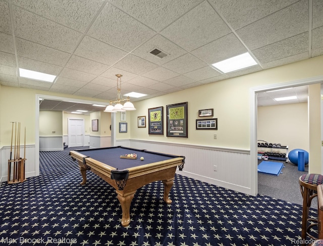 playroom featuring carpet flooring, wainscoting, a paneled ceiling, and billiards table