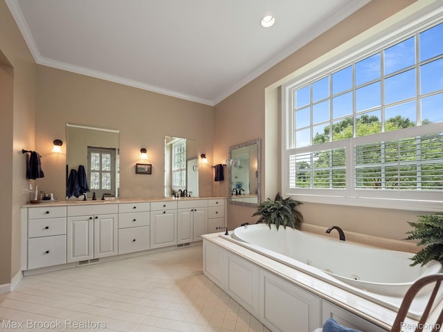 full bathroom with crown molding, double vanity, a tub with jets, plenty of natural light, and tile patterned flooring