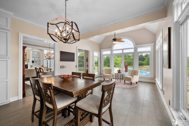 11694 Robinshire St, Temperance, MI 48182 - dining room with a chandelier, lofted ceiling, crown molding, and a ceiling fan