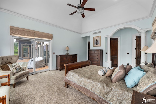 11694 Robinshire St, Temperance, MI 48182 - bedroom with decorative columns, access to exterior, light colored carpet, arched walkways, and ceiling fan