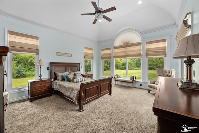 11694 Robinshire St, Temperance, MI 48182 - bedroom with carpet flooring, ceiling fan, ornamental molding, high vaulted ceiling, and recessed lighting