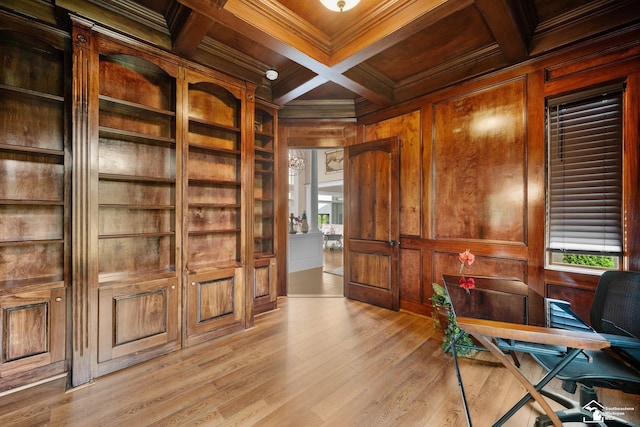 11694 Robinshire St, Temperance, MI 48182 - home office featuring a wooden ceiling with exposed beams, ornamental molding, wood walls, light wood-type flooring, and coffered ceiling