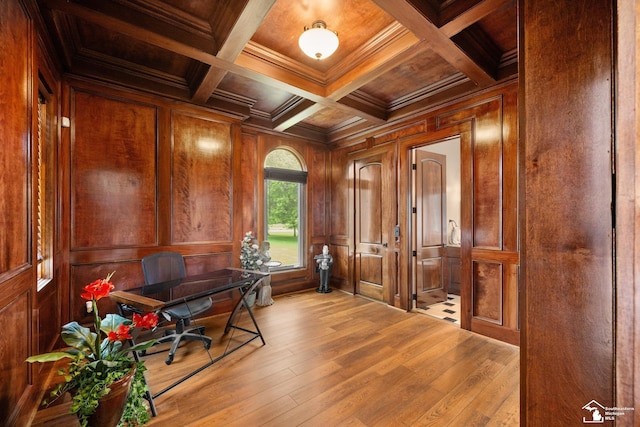 11694 Robinshire St, Temperance, MI 48182 - office space with a wooden ceiling with exposed beams, ornamental molding, wood finished floors, wood walls, and coffered ceiling