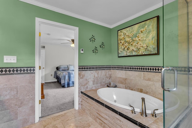 6824 Napoleon Rd, Jackson, MI 49201 - bathroom with a jetted tub, crown molding, a ceiling fan, tile patterned flooring, and tile walls