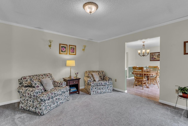 6824 Napoleon Rd, Jackson, MI 49201 - living area with crown molding, carpet, a textured ceiling, and a chandelier