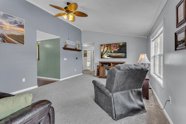 6824 Napoleon Rd, Jackson, MI 49201 - carpeted living room with crown molding, lofted ceiling, and a ceiling fan