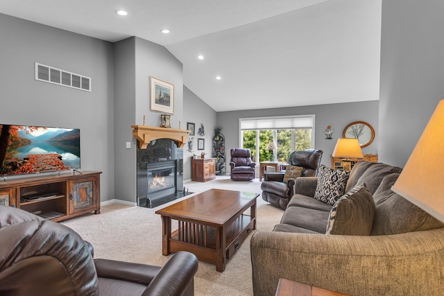 4268 Fairway Ln, Jackson, MI 49201 - living area with light carpet, recessed lighting, a fireplace with flush hearth, and high vaulted ceiling