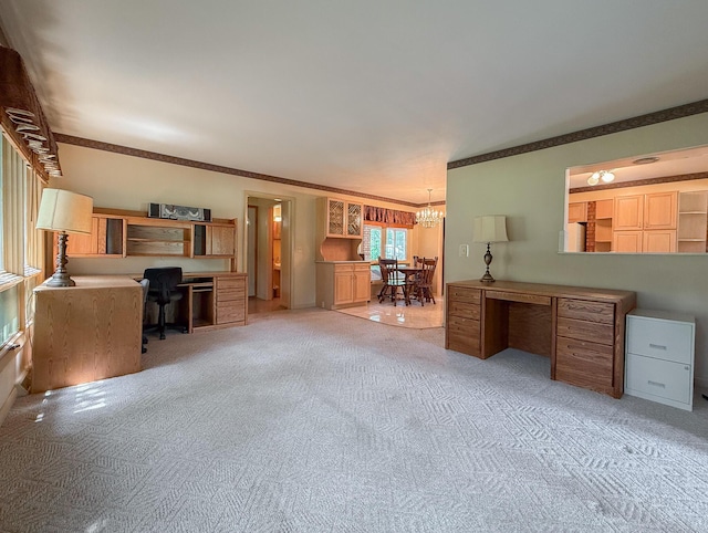 57081 M 51 S, Dowagiac, MI 49047 - home office featuring a chandelier, carpet flooring, built in study area, and ornamental molding