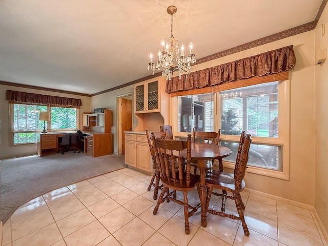 57081 M 51 S, Dowagiac, MI 49047 - dining room featuring a chandelier, light tile patterned floors, a desk, ornamental molding, and light colored carpet