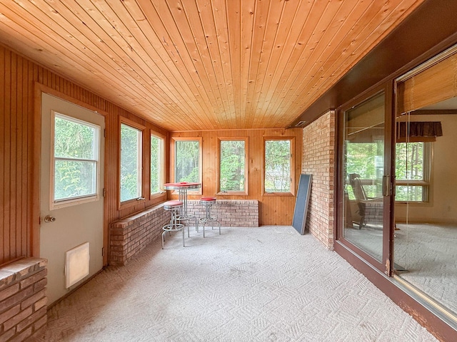 57081 M 51 S, Dowagiac, MI 49047 - unfurnished sunroom with wooden ceiling, carpet floors, wooden walls, and brick wall