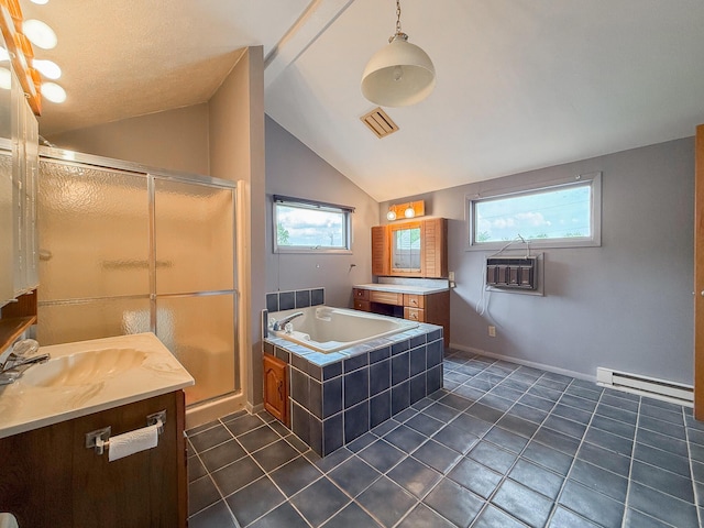 57081 M 51 S, Dowagiac, MI 49047 - full bathroom with a baseboard radiator, two vanities, a shower stall, lofted ceiling, and a bath