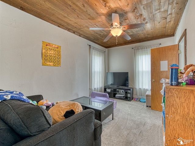606 E 3rd St, Monroe, MI 48161 - living area with wood ceiling, carpet floors, and a ceiling fan