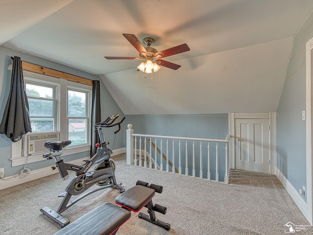 606 E 3rd St, Monroe, MI 48161 - exercise area with lofted ceiling, cooling unit, carpet flooring, and ceiling fan